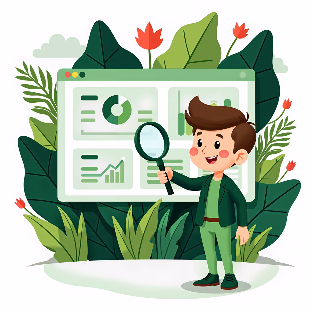 A curious boy examines data on a computer screen surrounded by nature.