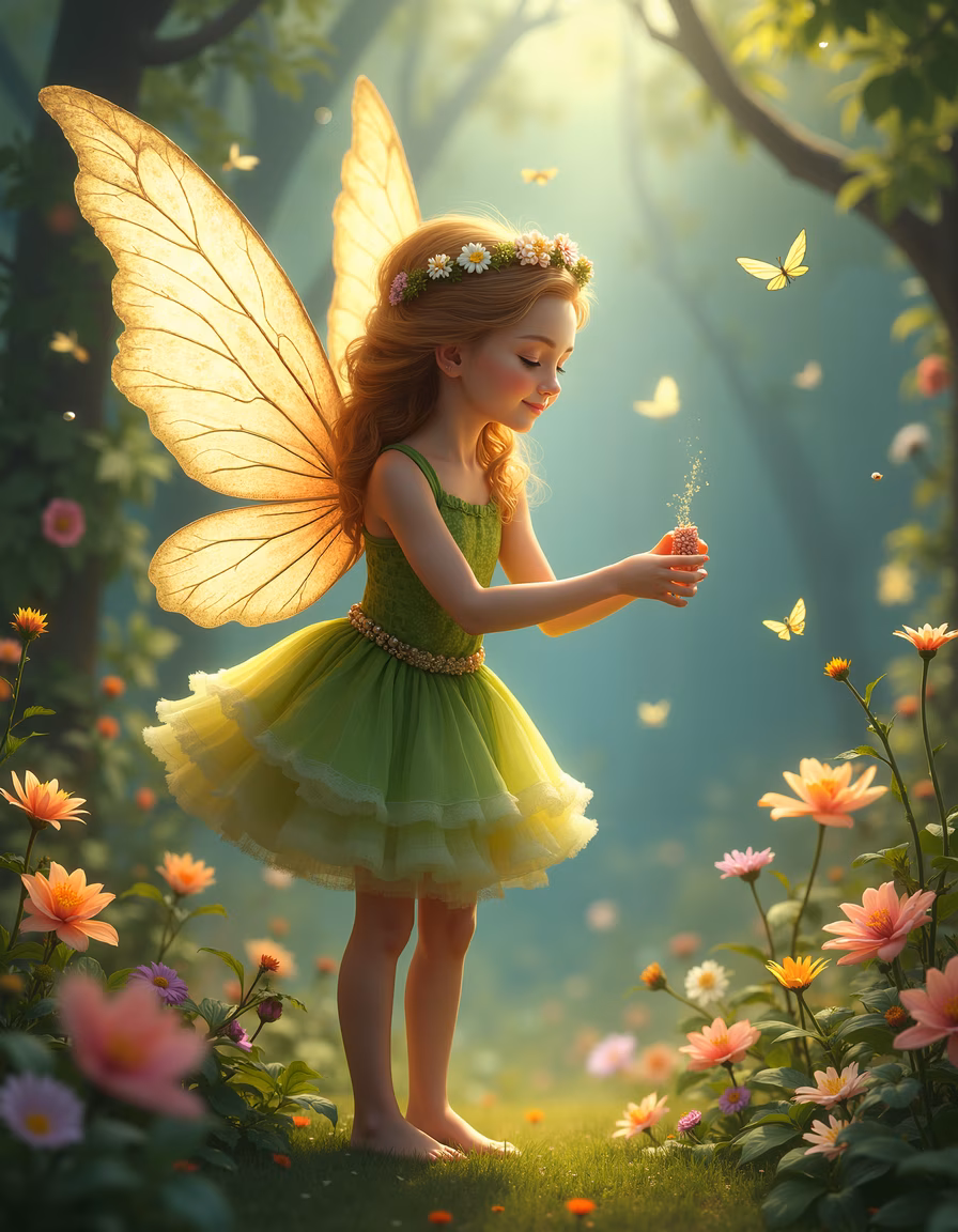 Whimsical fairy in a lush garden filled with flowers and butterflies.