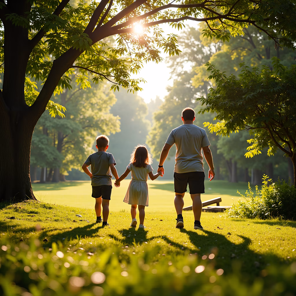 A family enjoying a peaceful walk in a sunlit park.