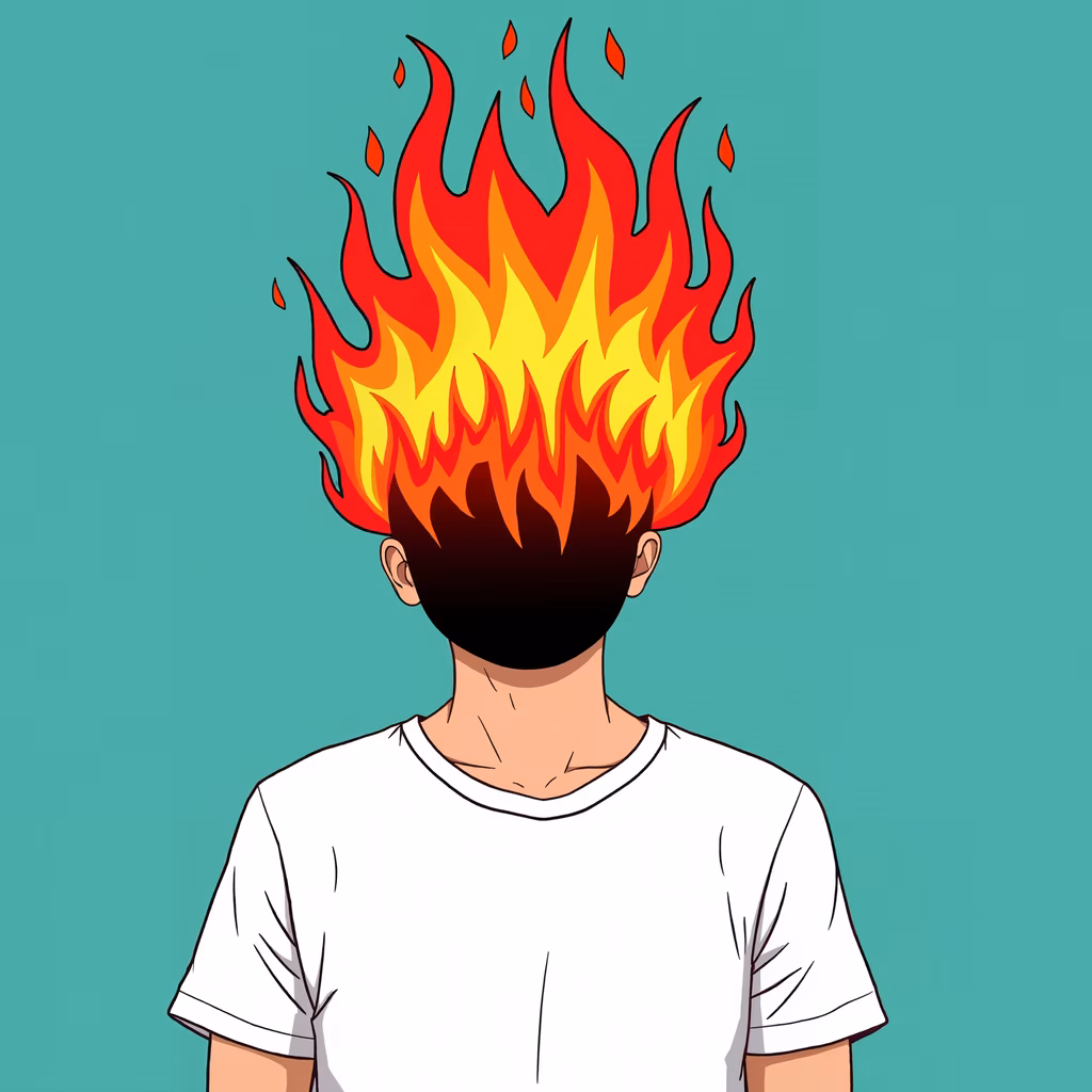 Person with fiery head in bold graphic style.