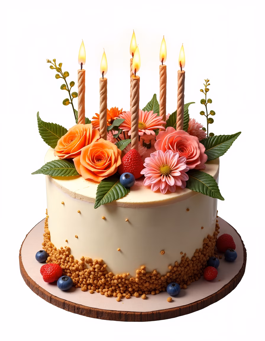 A floral birthday cake with candles and fresh berries, perfect for celebrations!