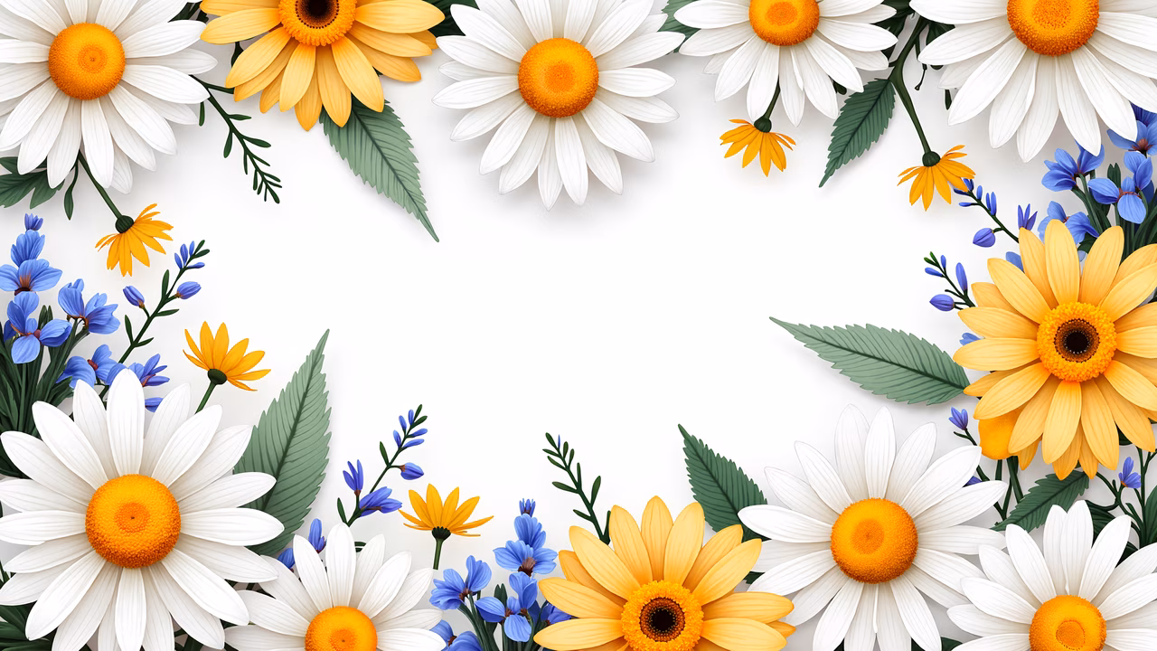 Bright floral frame with daisies and sunflowers on a white background.
