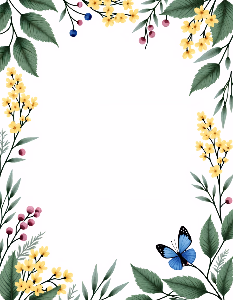 A delicate floral frame with a blue butterfly on a white background.
