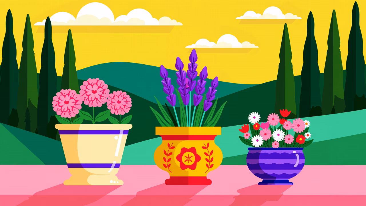 Bright floral pots in a peaceful garden setting.