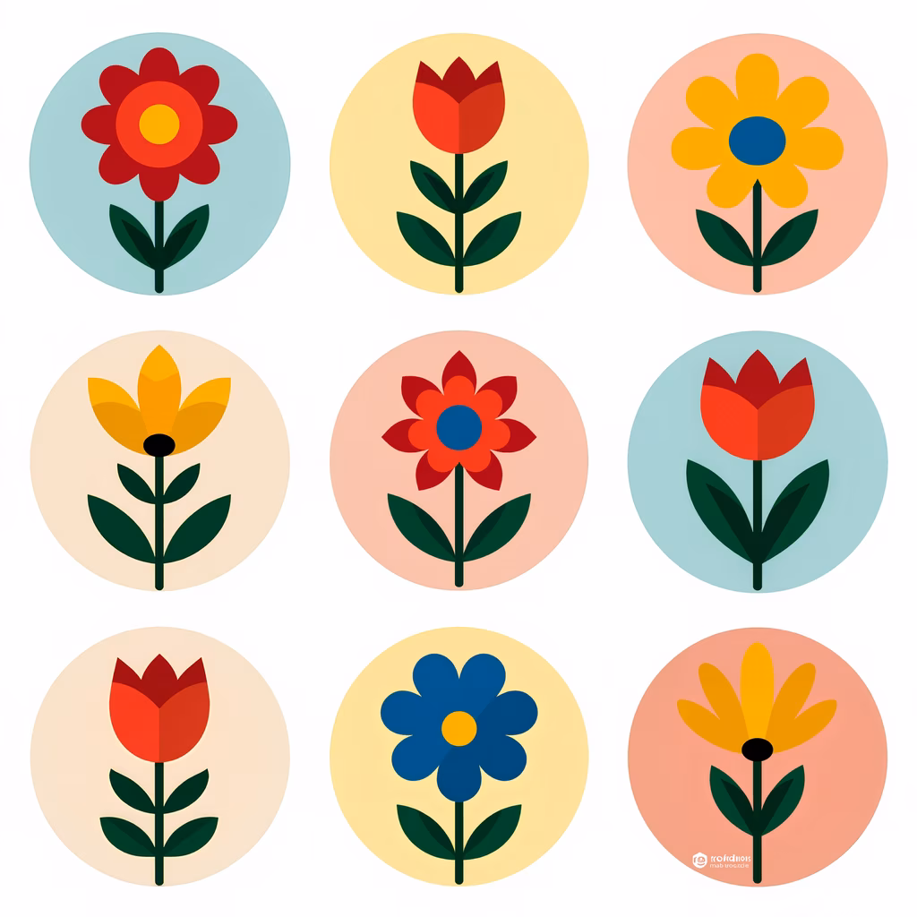Nine colorful floral icons in a grid layout, showcasing a playful and modern design.