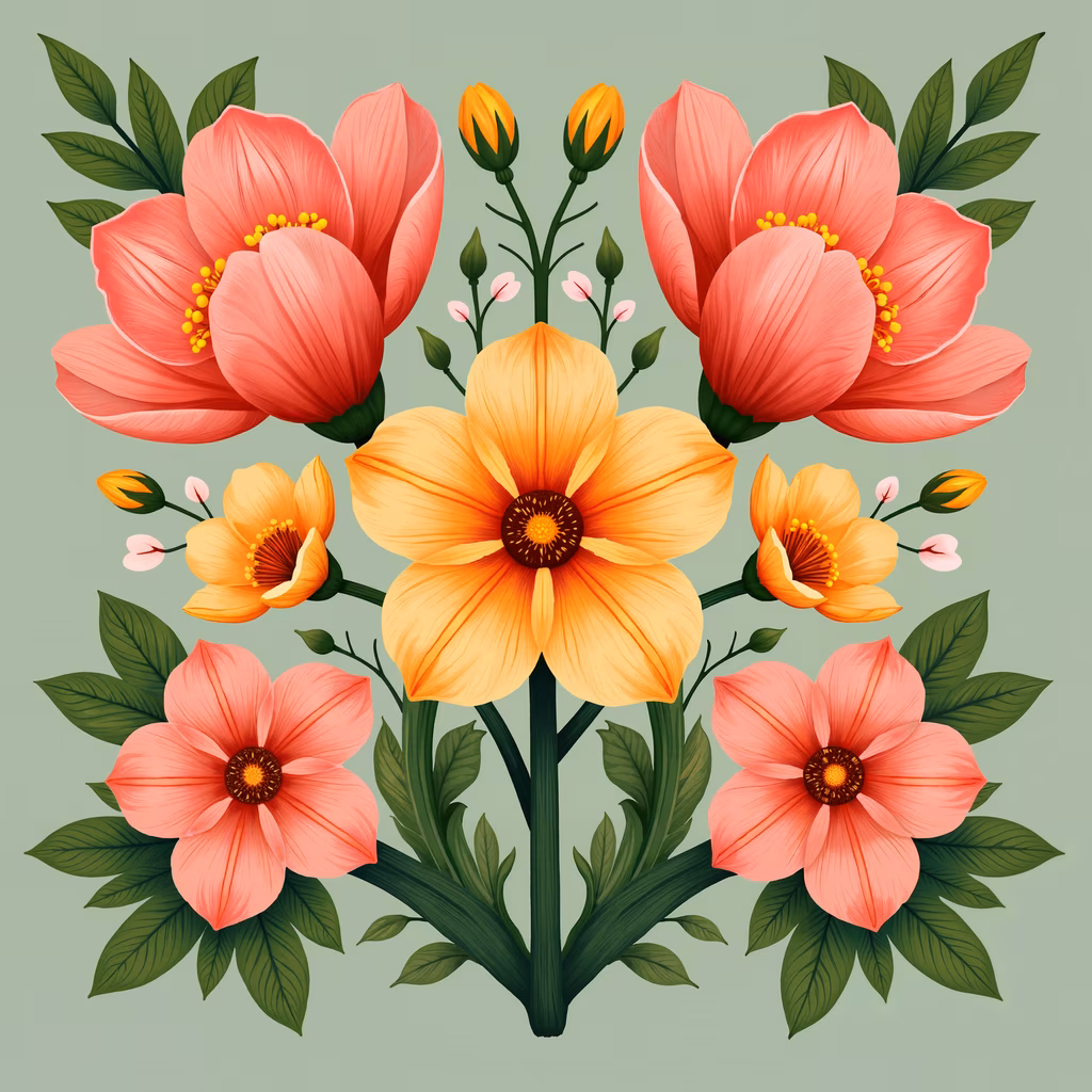 Vibrant floral illustration with pink and orange blossoms on a green background.