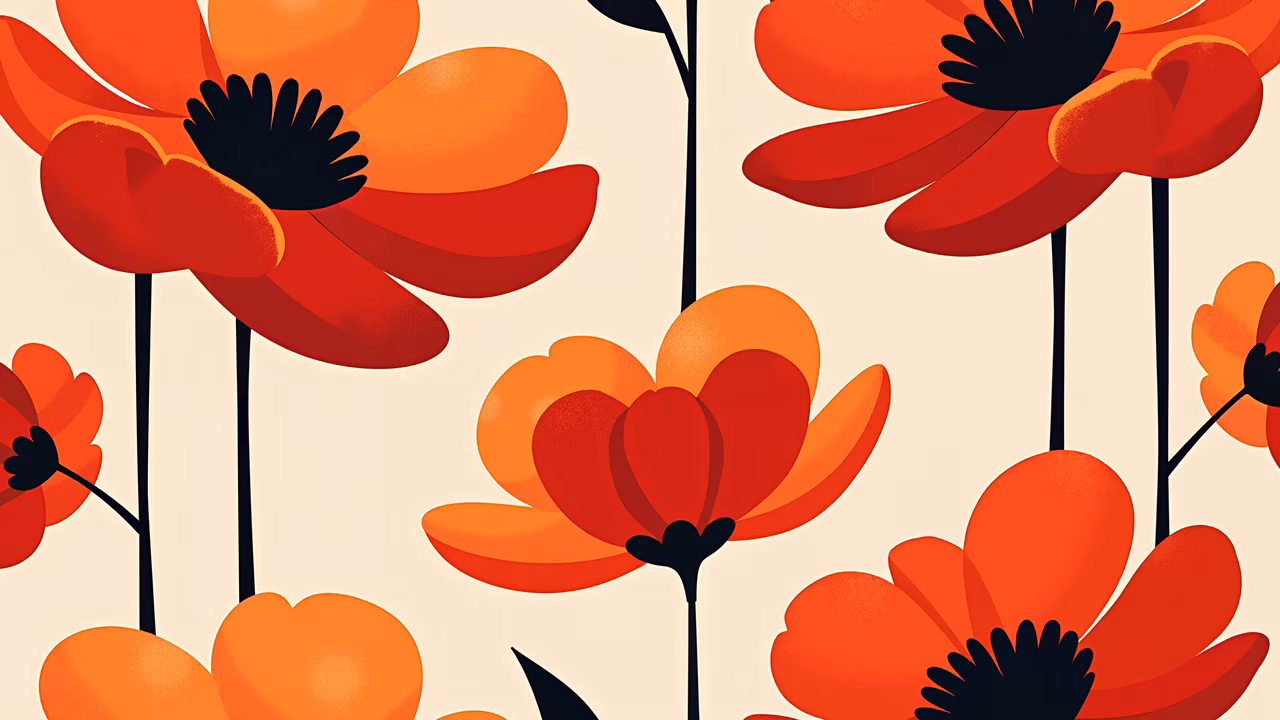 Bold floral illustration with vibrant red and orange tones on a neutral background.