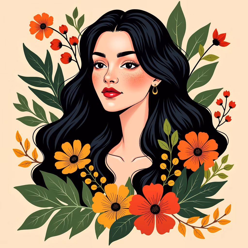 Vibrant floral portrait illustration featuring a serene woman with long black hair.