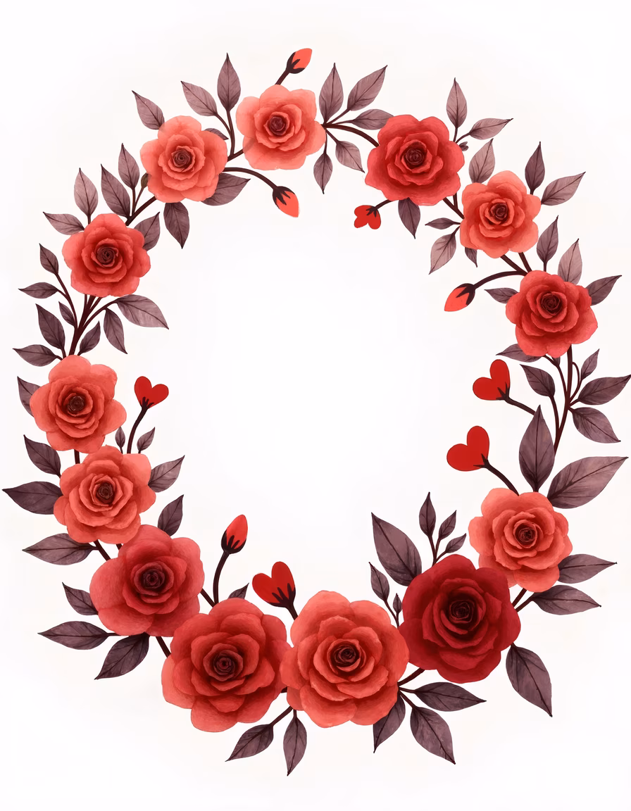 A romantic floral wreath with red roses and hearts, perfect for Valentine's Day decor.