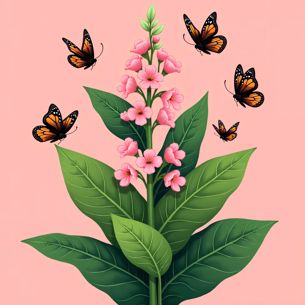 Delicate pink flowers and monarch butterflies on a soft pink background.