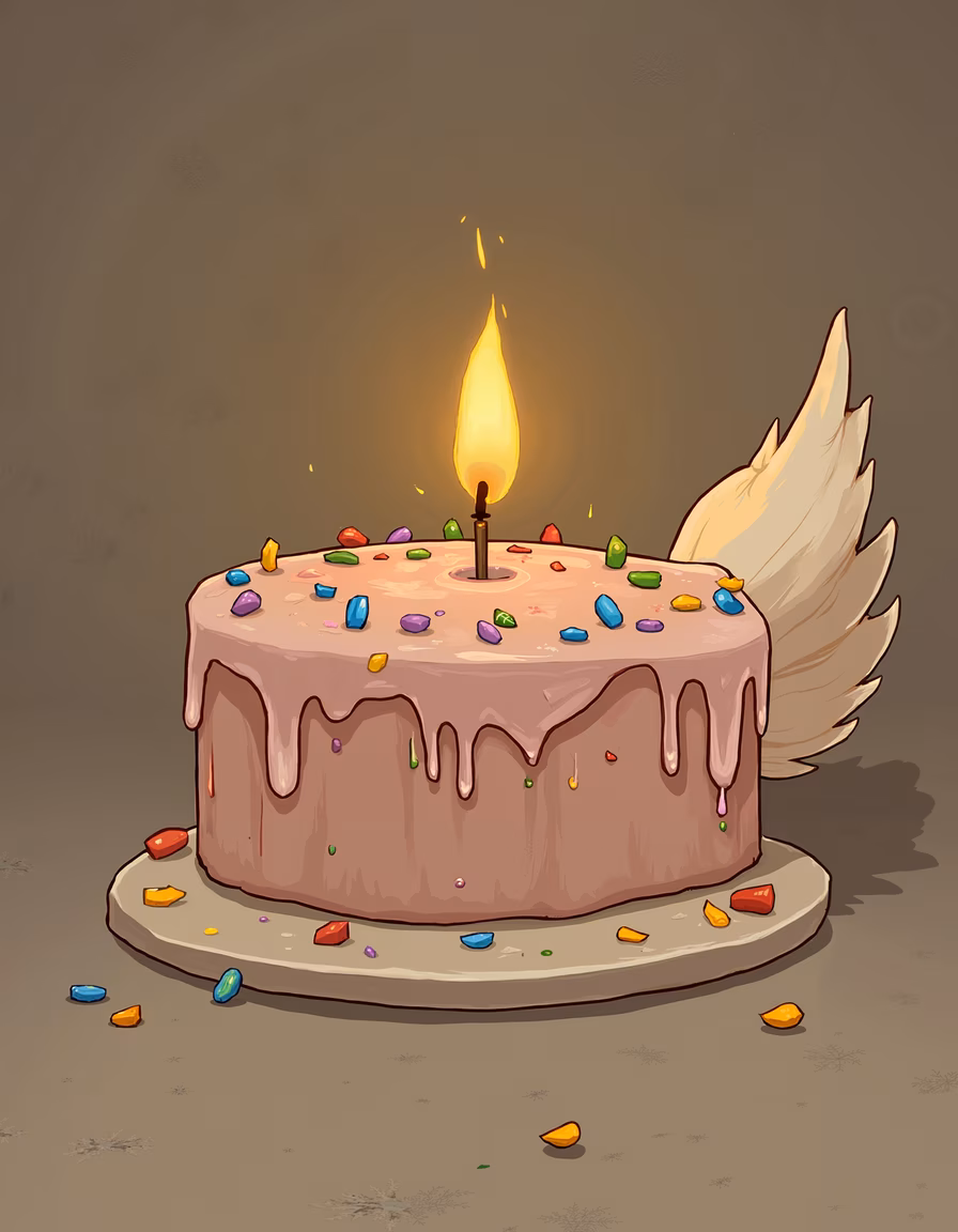 Whimsical flying birthday cake with colorful sprinkles and a lit candle, perfect for celebrations!