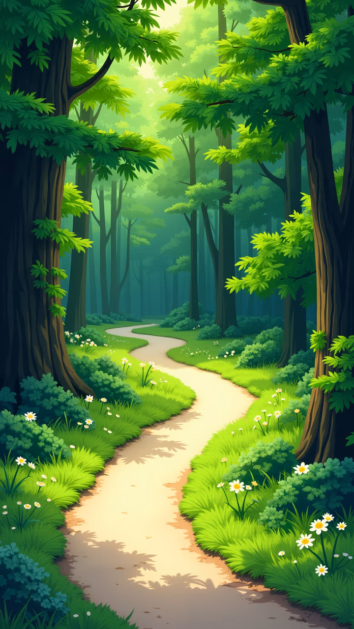 A tranquil forest path surrounded by lush greenery and white daisies.