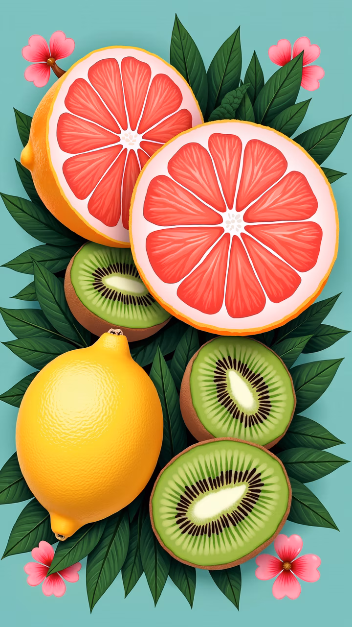 Vibrant fruit illustration with grapefruit, lemon, kiwi, and floral accents on teal background.