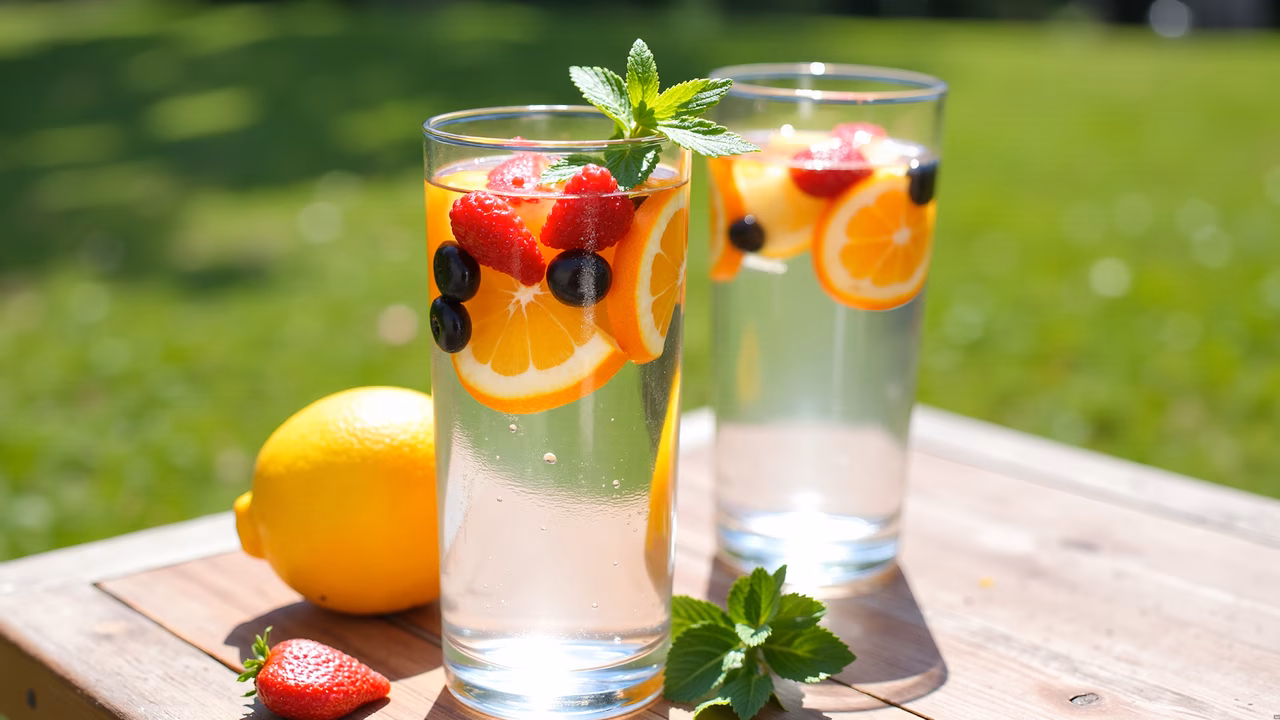 Refreshing fruit-infused water with vibrant garnishes under sunny skies.
