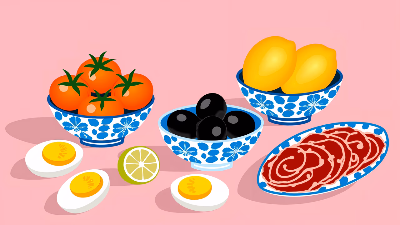 Brightly colored illustration featuring fruits and vegetables on a pink background.
