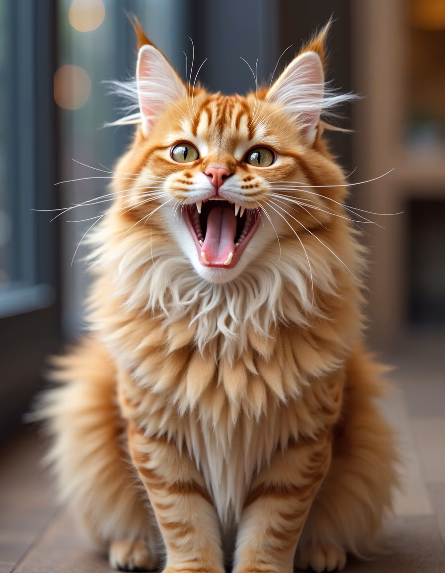 Close-up of a yawning orange cat with green eyes, indoor setting, warm lighting.