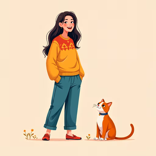 Girl and Cat Illustration