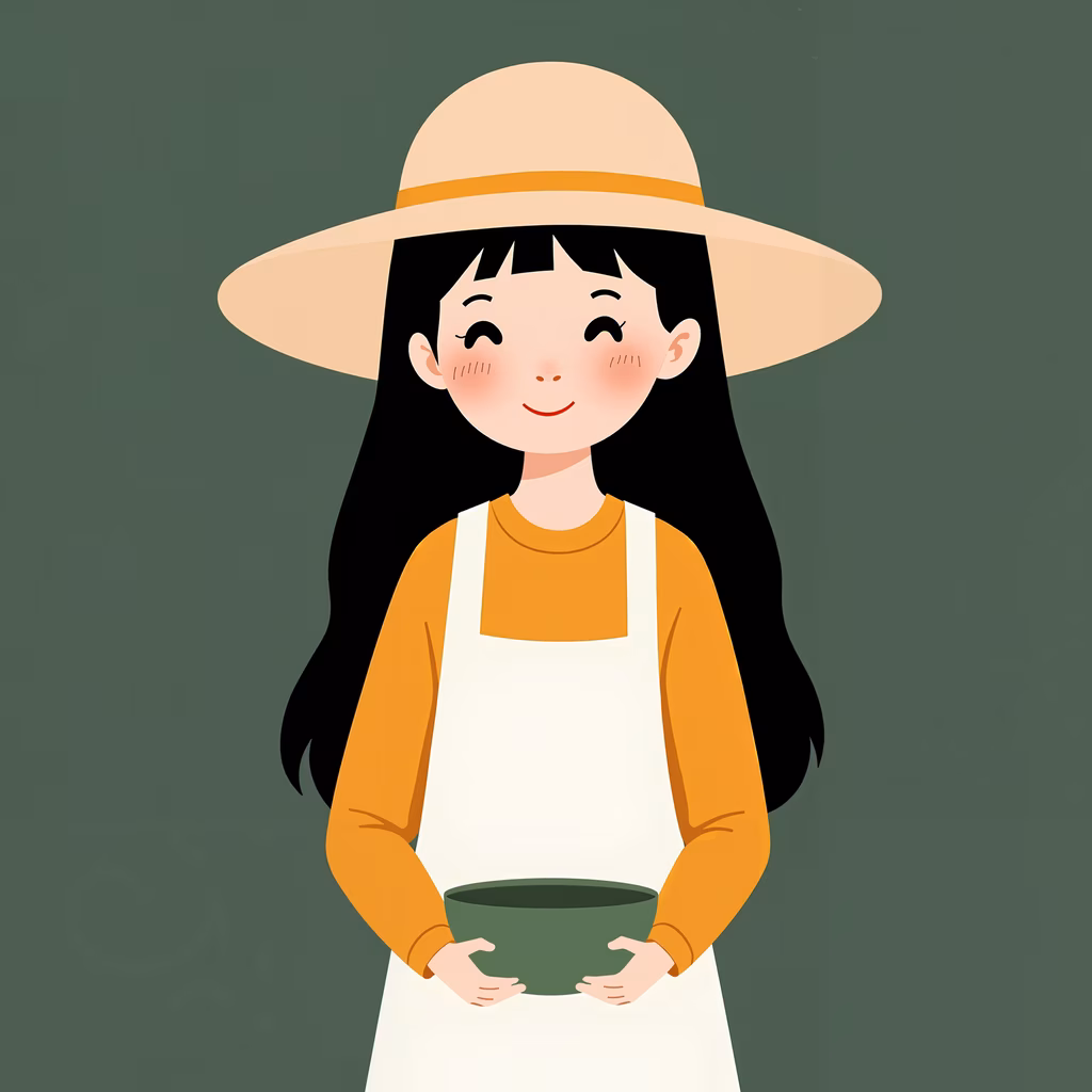 A cute girl in a hat and apron holding a bowl, exuding warmth and coziness.