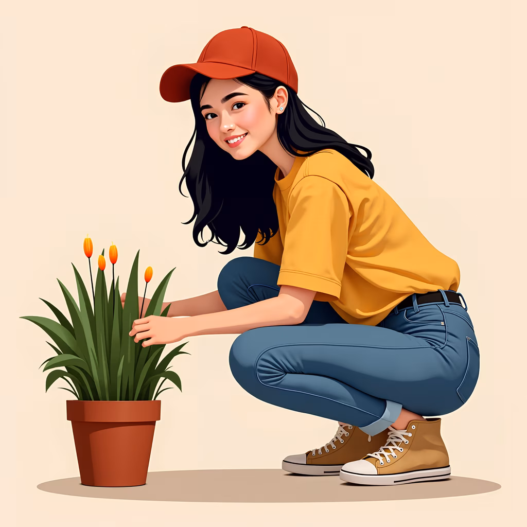 A girl tending to tulips in a cheerful illustration.