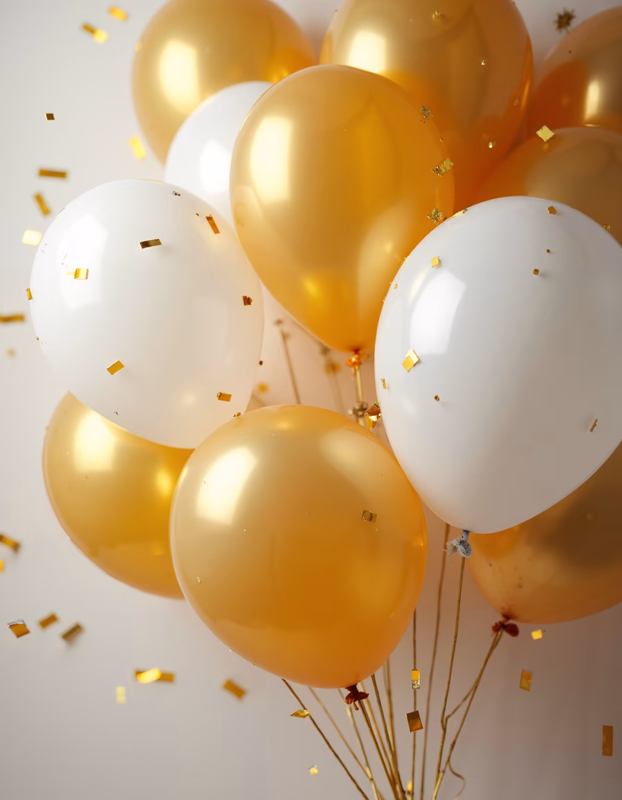 Golden balloons and confetti celebrating a joyful occasion.