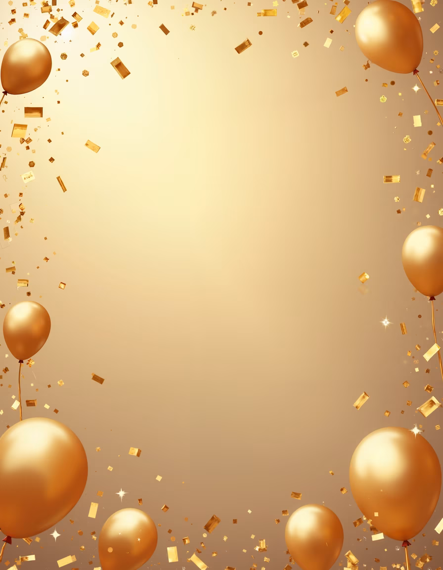Golden balloons and confetti celebrating luxury and festivity.