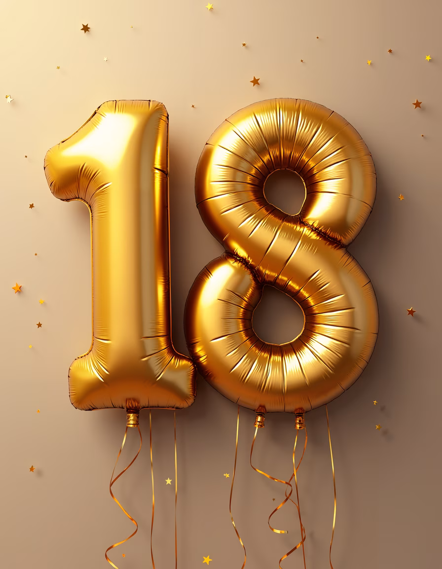 Shiny gold balloons celebrating the number 18 on a festive background.
