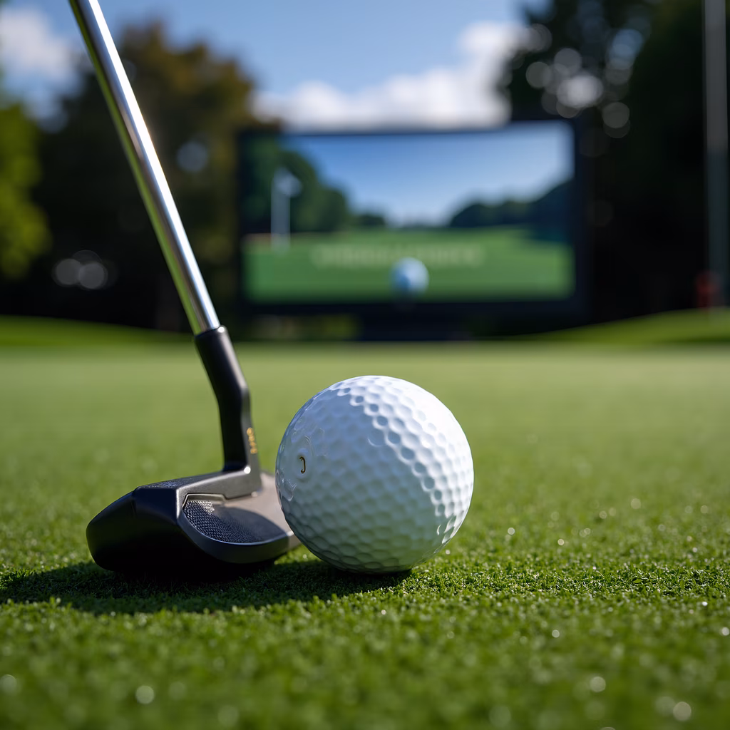 Close-up of a golf club and ball on a sunny golf course.