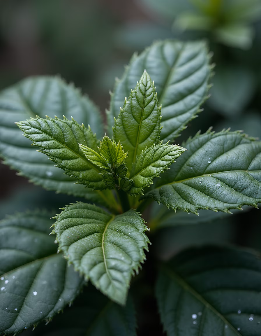 Close-up of vibrant green leaves with detailed textures and moisture droplets.