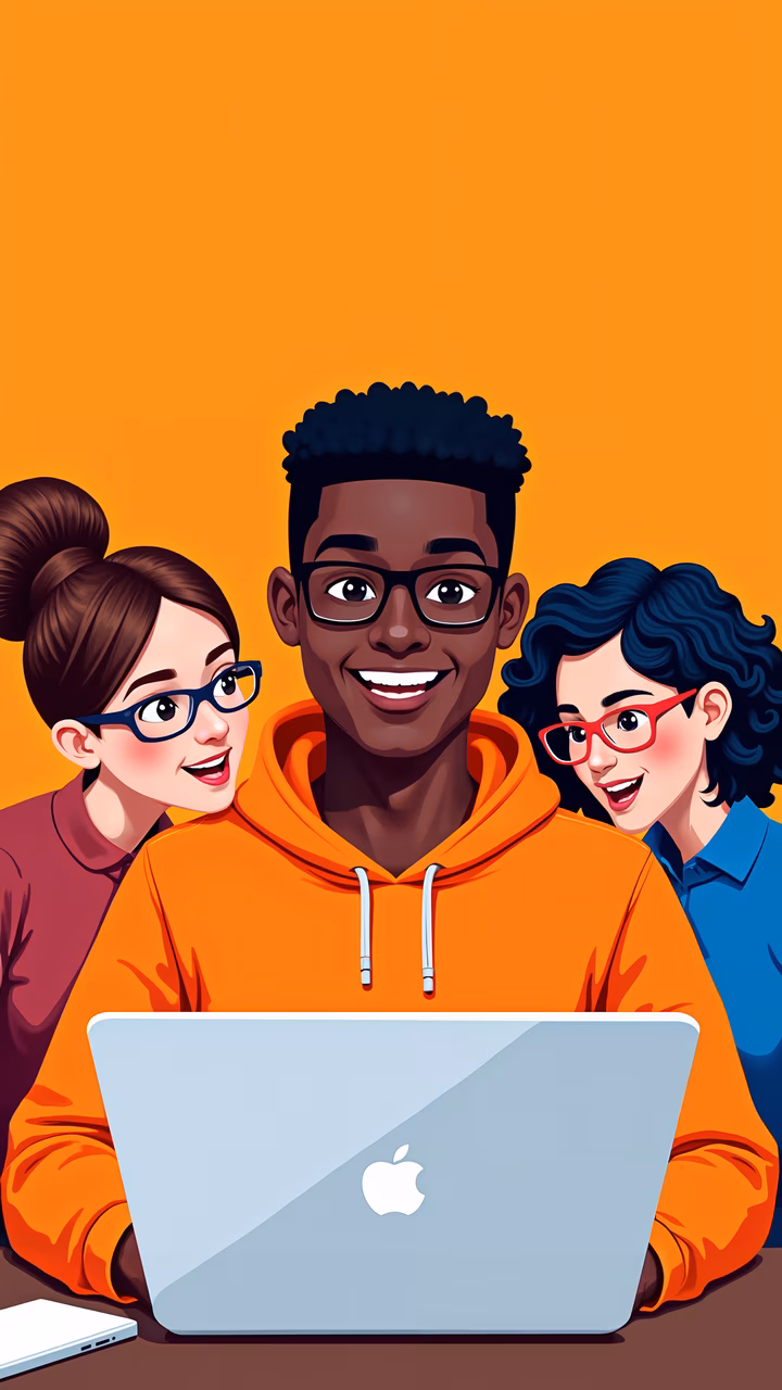 A cheerful group study scene with diverse individuals focused on a laptop.
