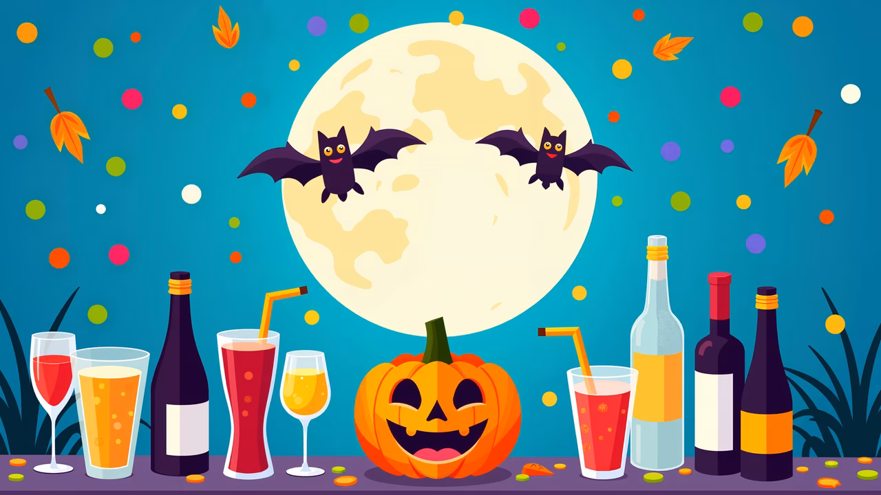 A festive Halloween party scene with jack-o'-lanterns, drinks, and bats under a moonlit sky.