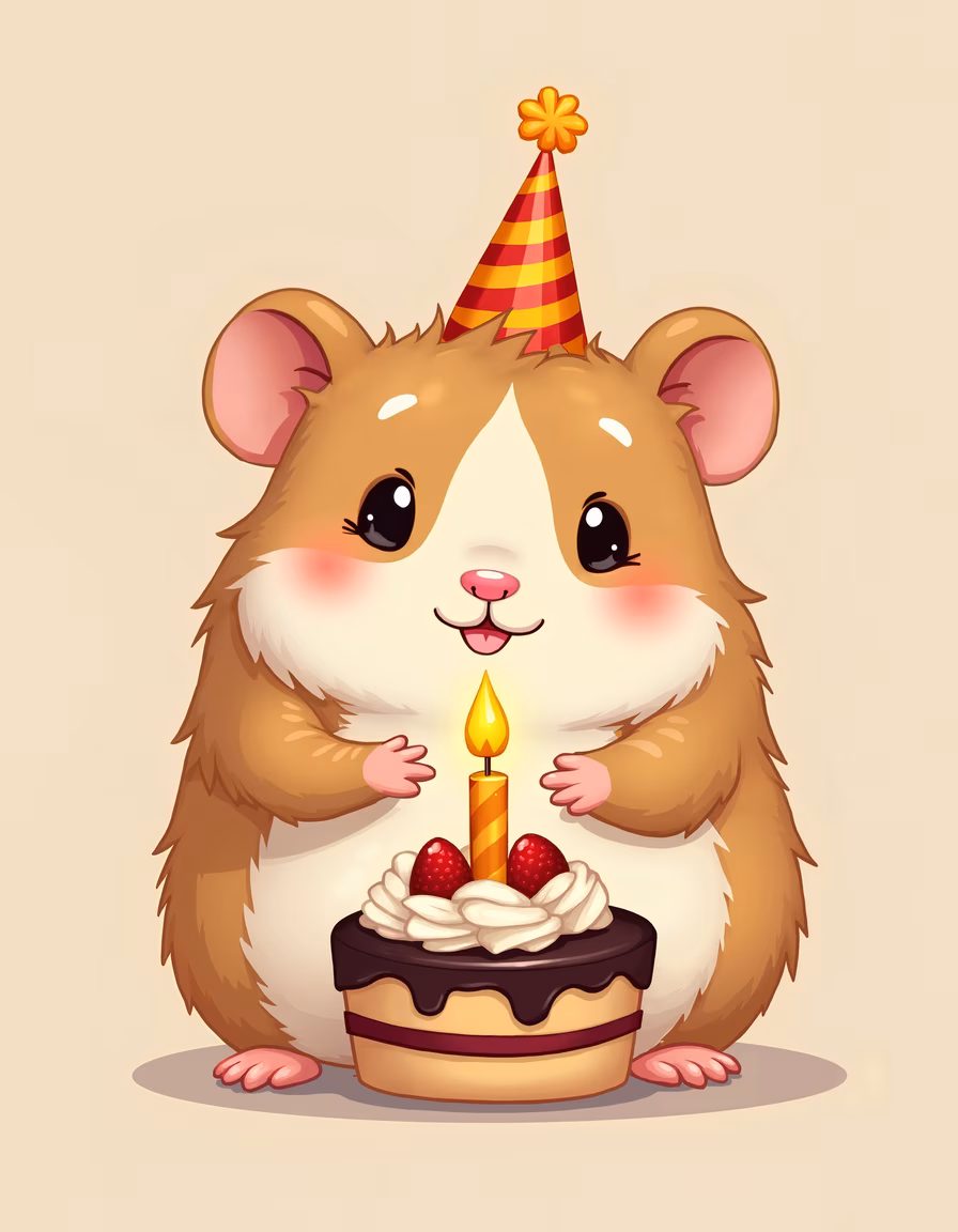 Cute hamster celebrating with a birthday cake and candle, perfect for children's art.