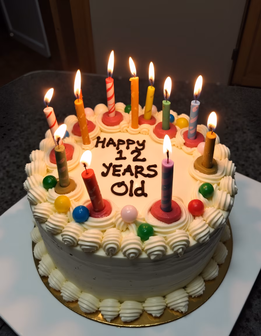 Brightly decorated birthday cake celebrating 12 years old.
