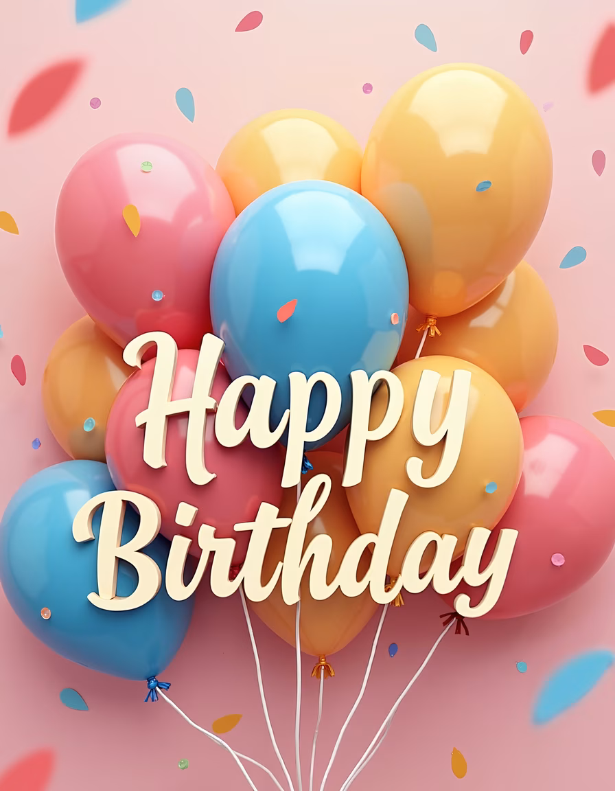 Colorful balloons and confetti celebrating a birthday.