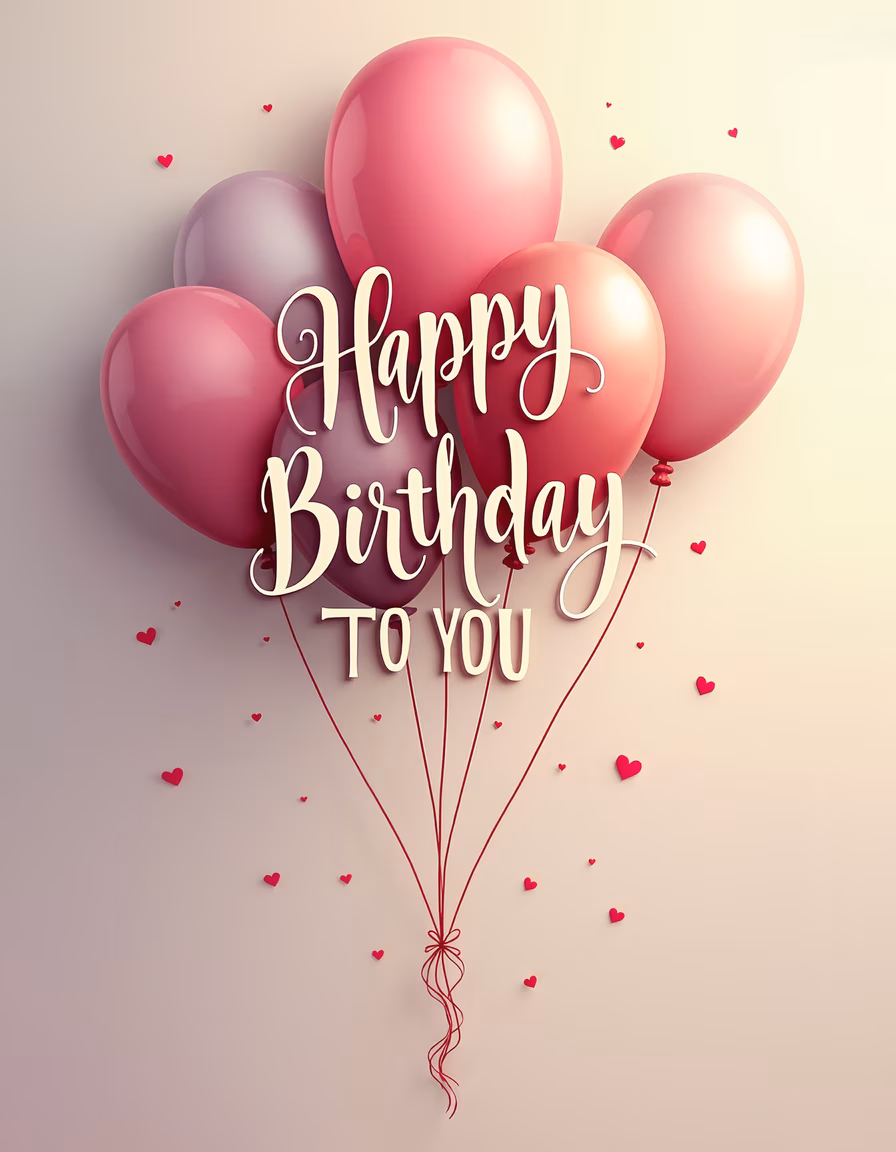 Elegant birthday balloons with cursive text and scattered hearts on a soft beige background.