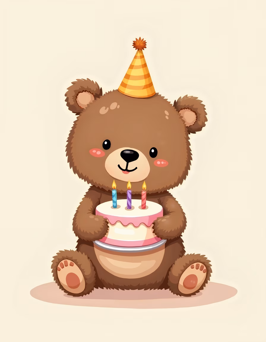 Cute teddy bear celebrating with a birthday cake and candles.