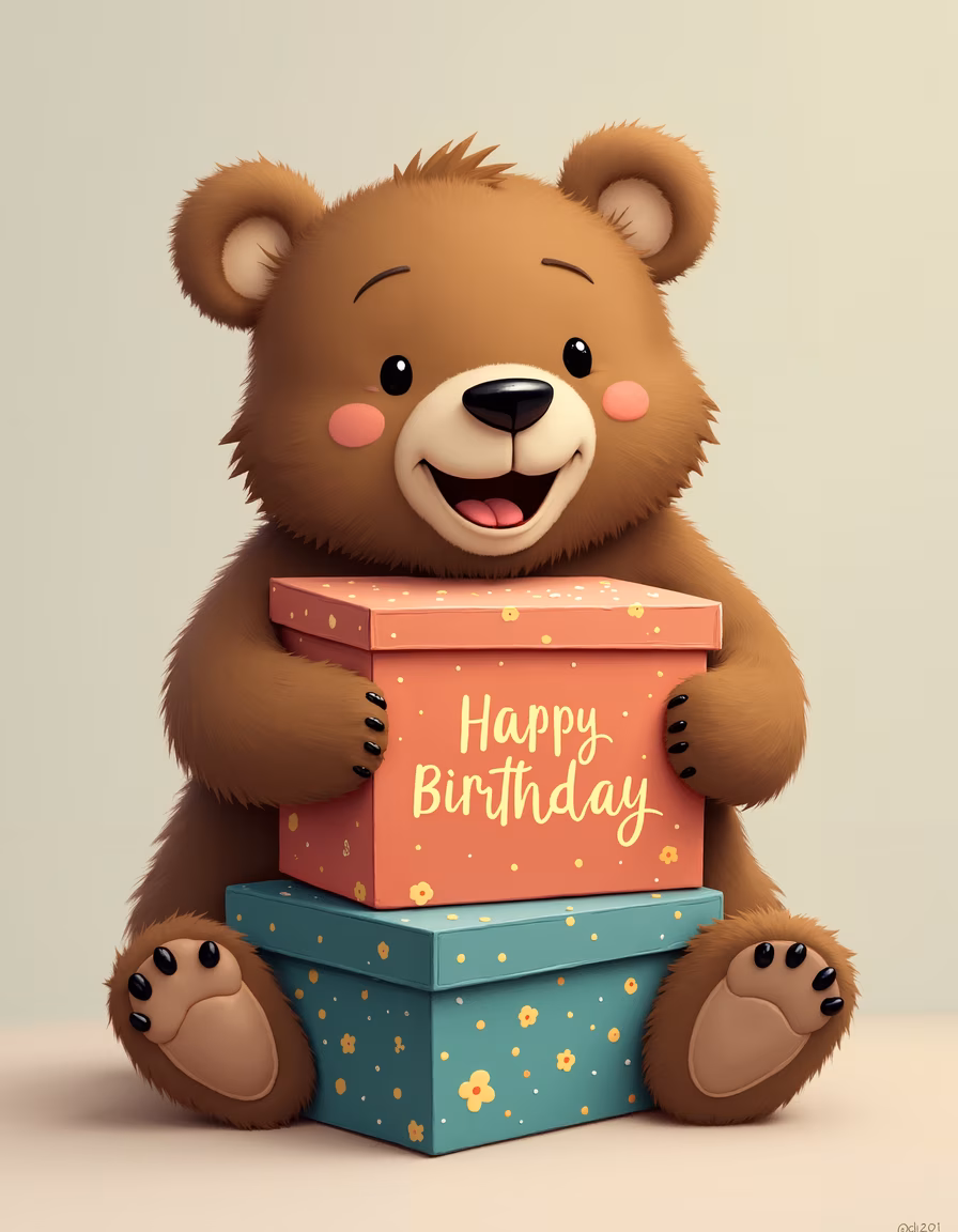 A cute bear holding birthday gifts, perfect for children's celebrations!