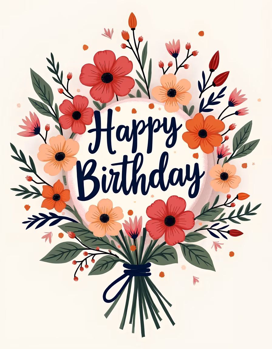Vibrant birthday greeting card with floral bouquet and cheerful message.