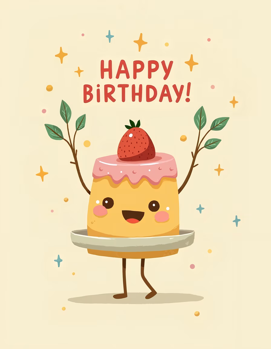 Cute birthday cake character holding a plate with a strawberry, festive and playful design.