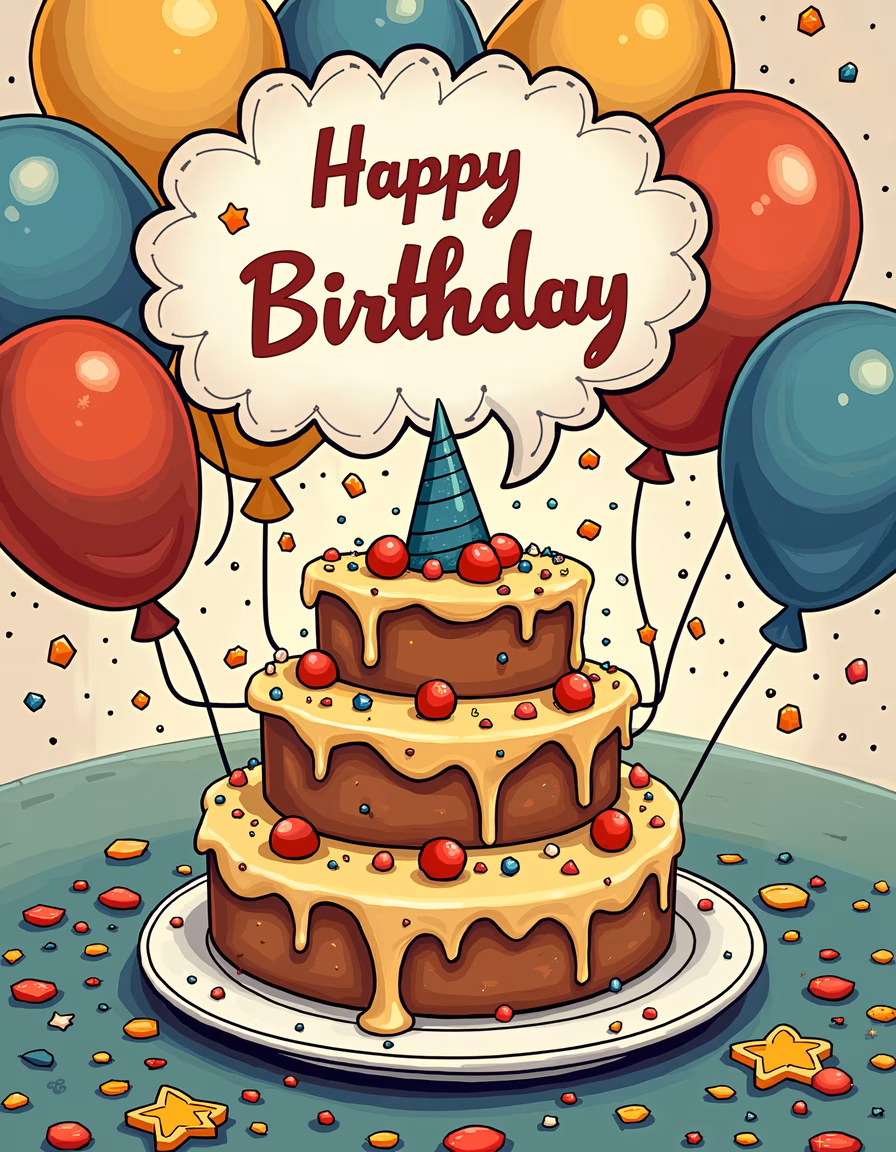 A cheerful birthday cake illustration with colorful sprinkles and balloons.