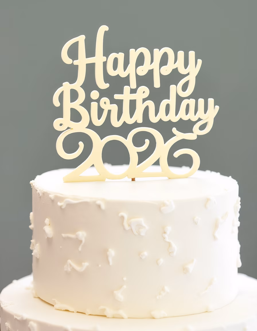 Close-up of a white frosted birthday cake with a decorative topper reading 'Happy Birthday 2026'.