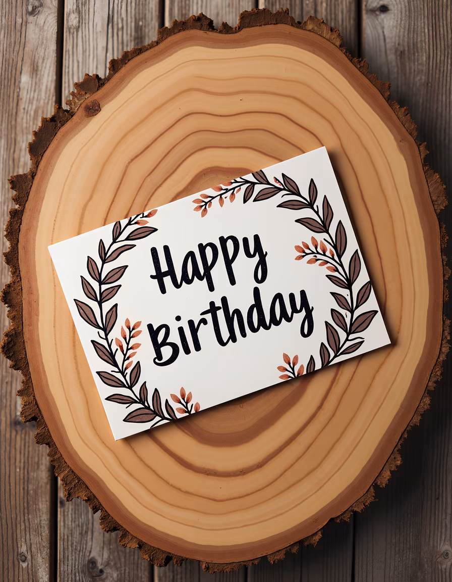 Hand-drawn birthday card with floral wreath on rustic wood.