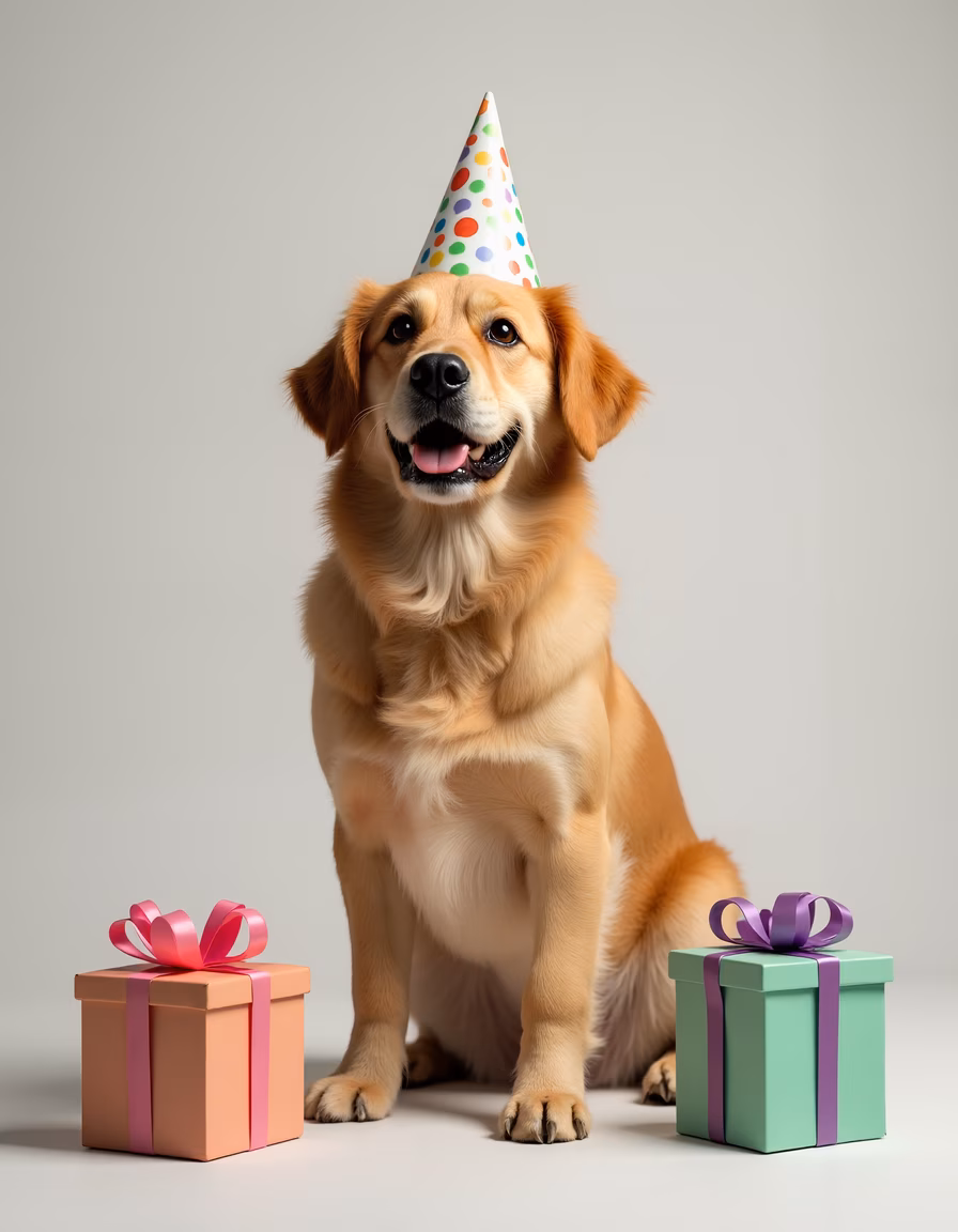 Golden retriever celebrating birthday with colorful gifts.