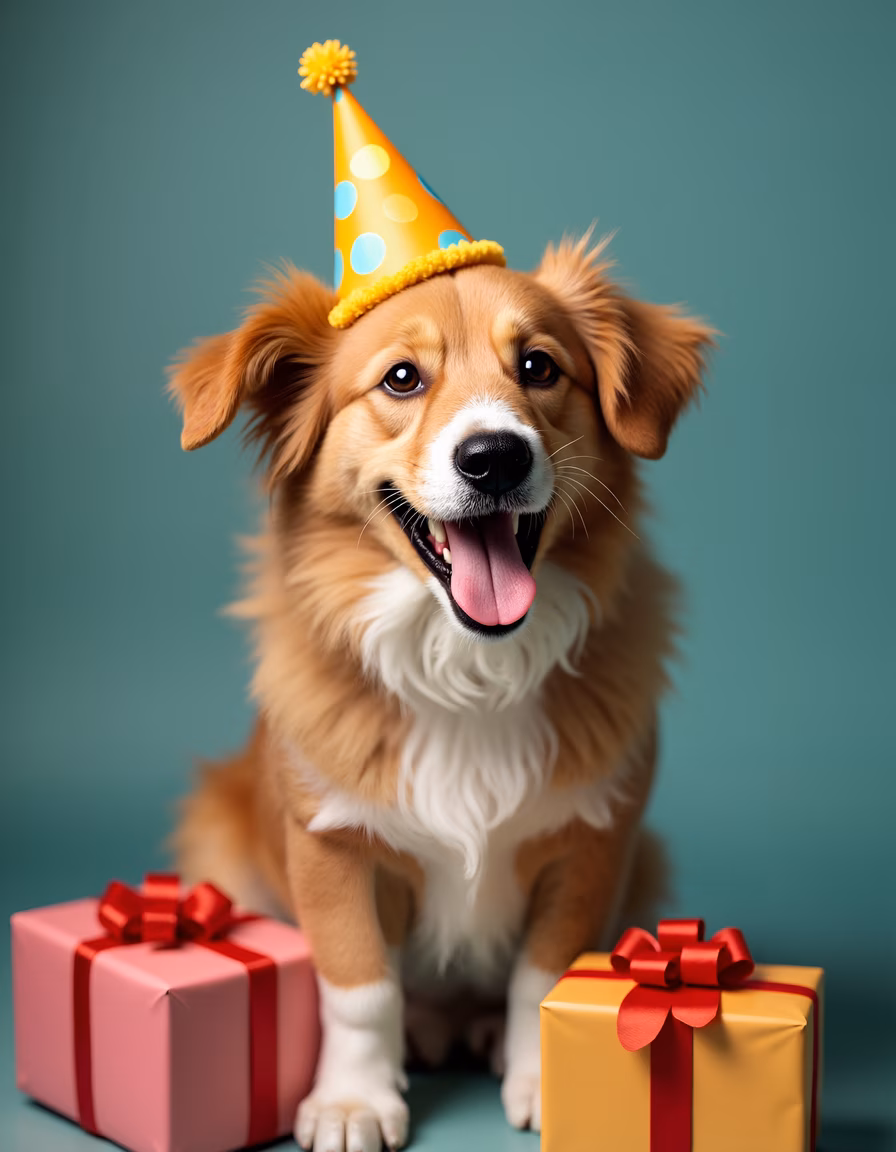A happy dog celebrating with gifts and a party hat.