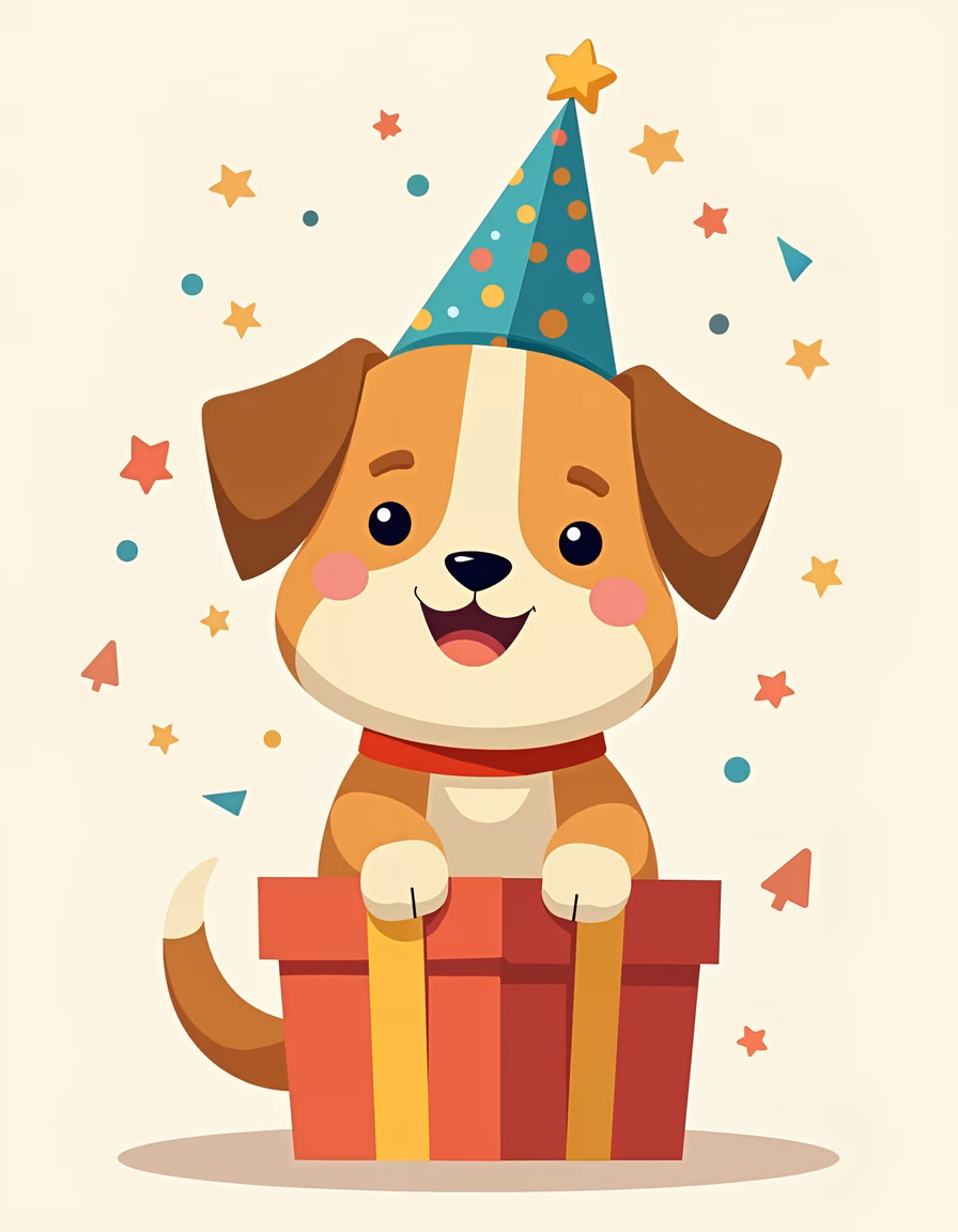 A happy birthday illustration featuring a cheerful dog and a gift box.