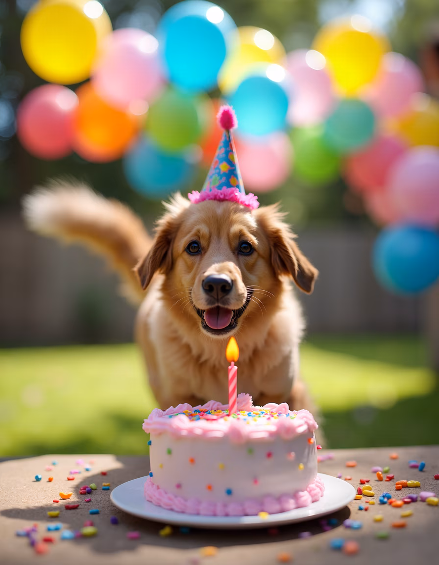 A joyful golden retriever celebrating its birthday with a festive cake and colorful balloons.