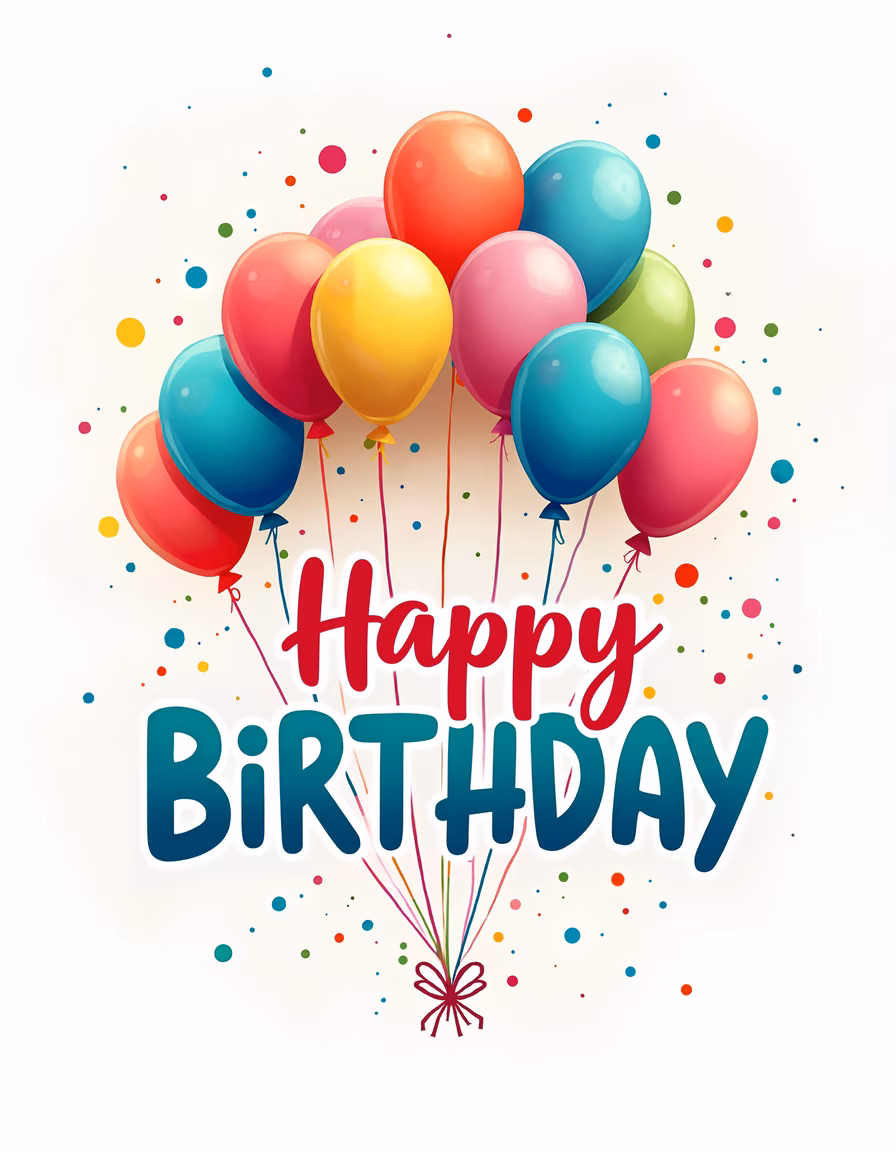Vibrant birthday greeting card with colorful balloons and confetti.