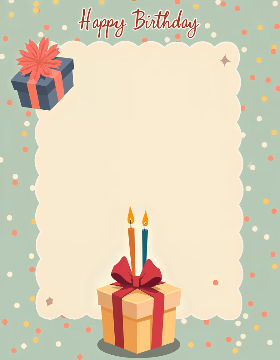 A festive birthday card with a gift box and candles, celebrating joy and warmth.