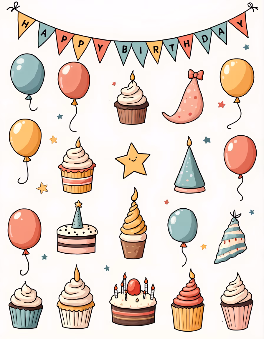 Whimsical birthday illustration with cupcakes and balloons.