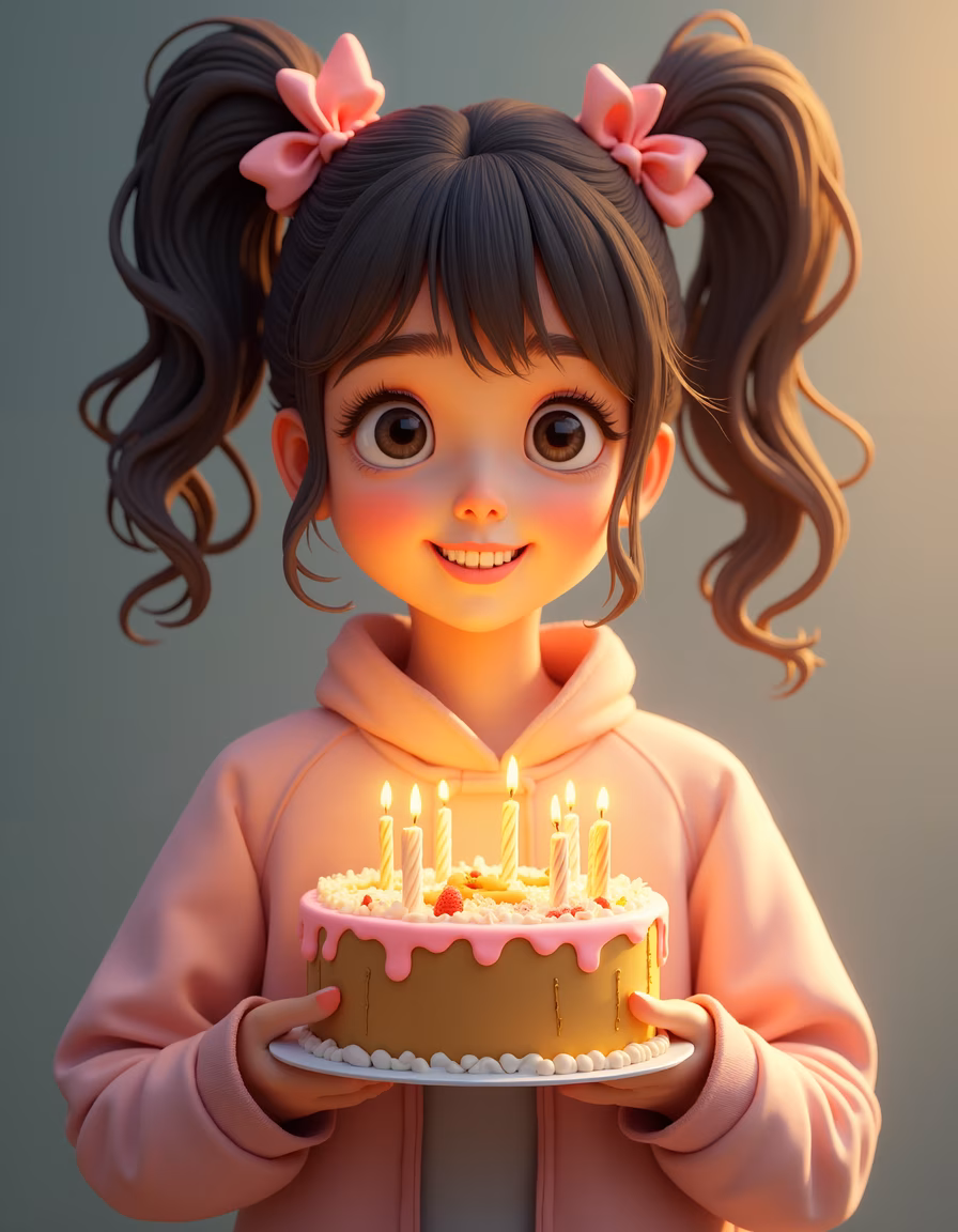 A cheerful young girl holding a birthday cake with lit candles, celebrating joyfully.