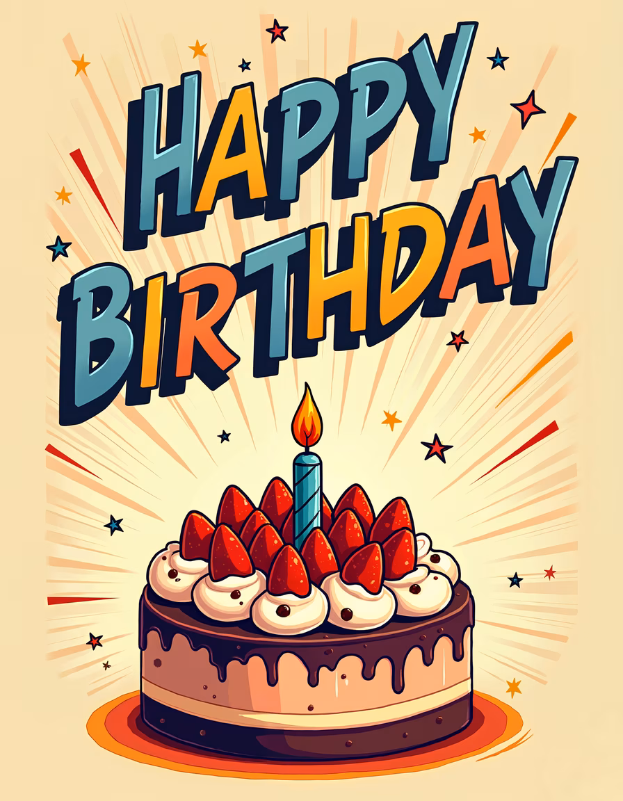 Vibrant birthday illustration with chocolate cake and strawberries.